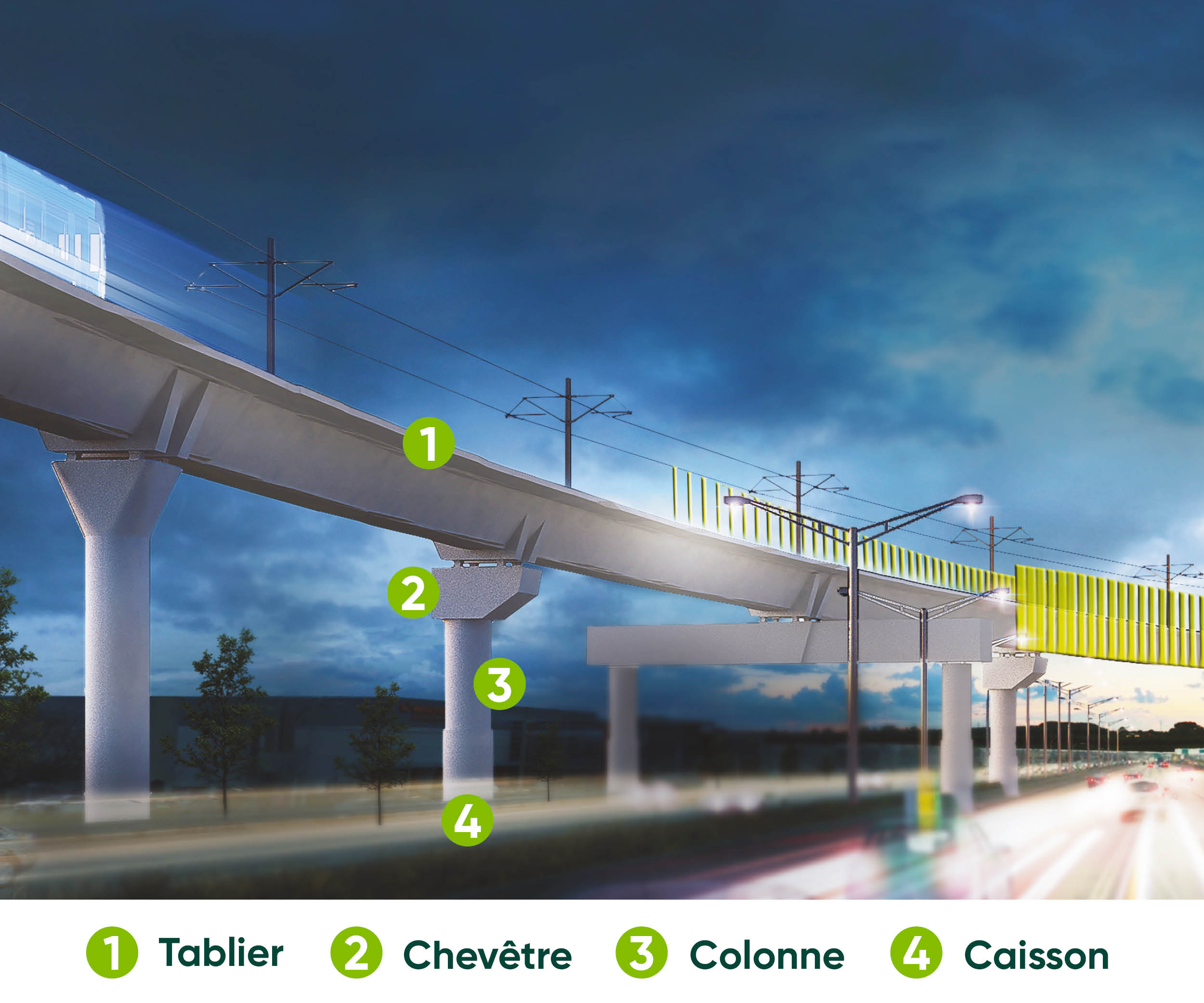 Les piliers sont constitués de trois éléments principaux, soit un caisson, une colonne et un chevêtre