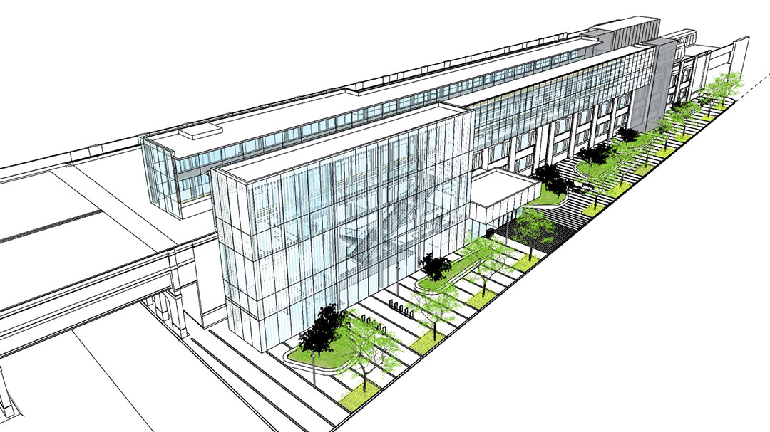 Rendering of the Griffintown–Bernard-Landry station, seen from Dalhousie Street.