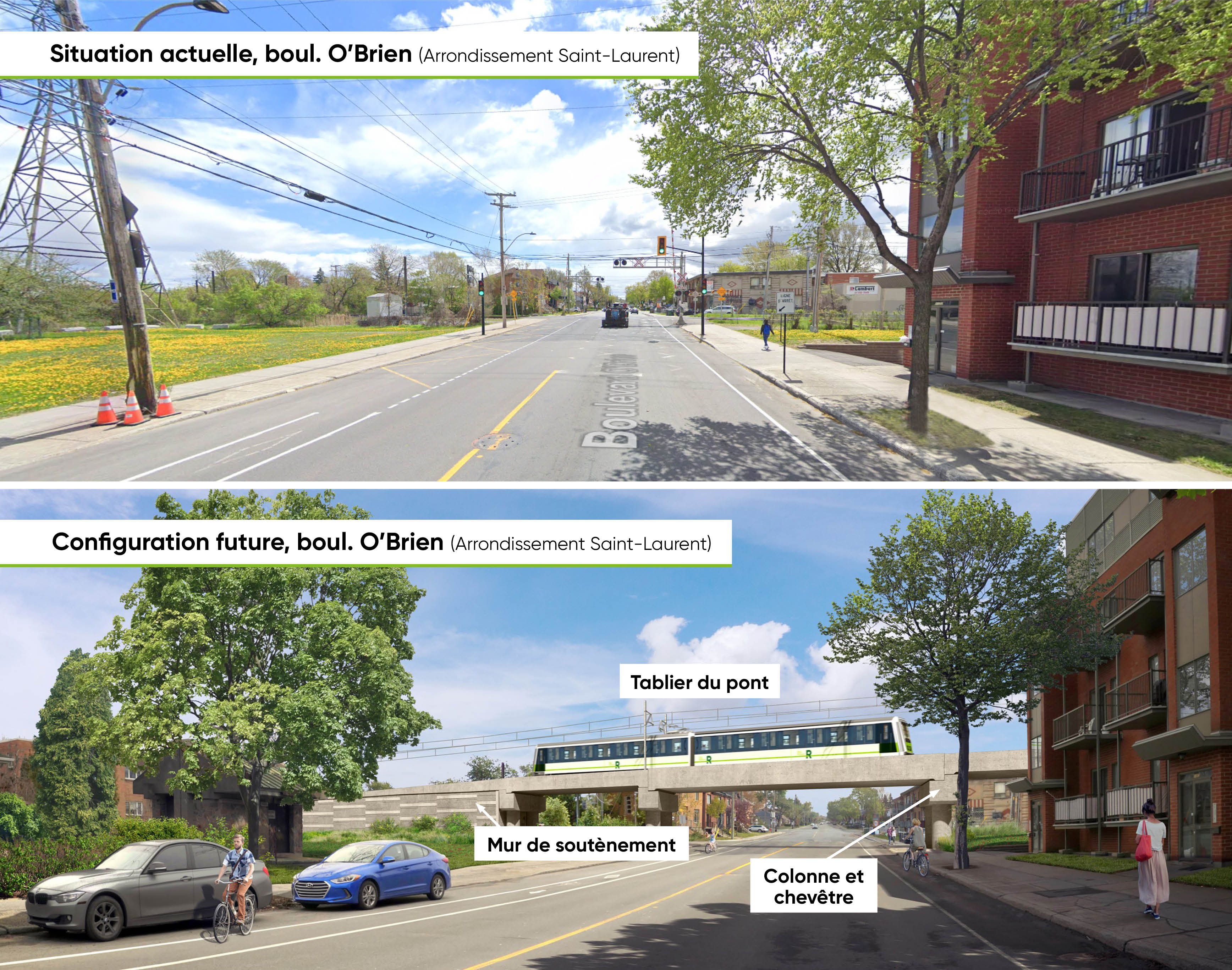 Comparaison entre la situation actuelle au niveau du boulevard O'Brien et la situation future avec l'arrivée du REM