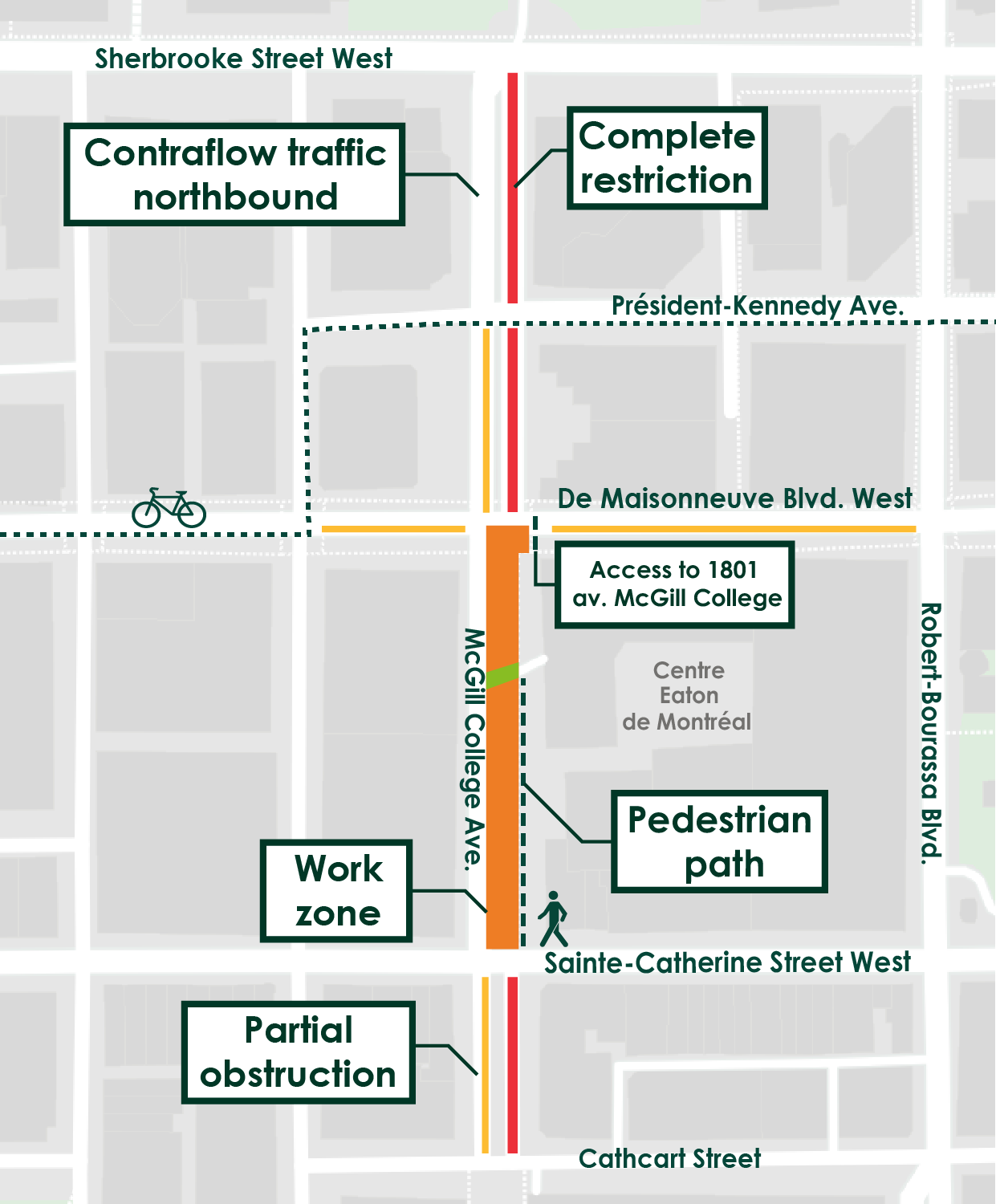 Map of the additional barriers that will be set up on McGill College Avenue as of April 22.
