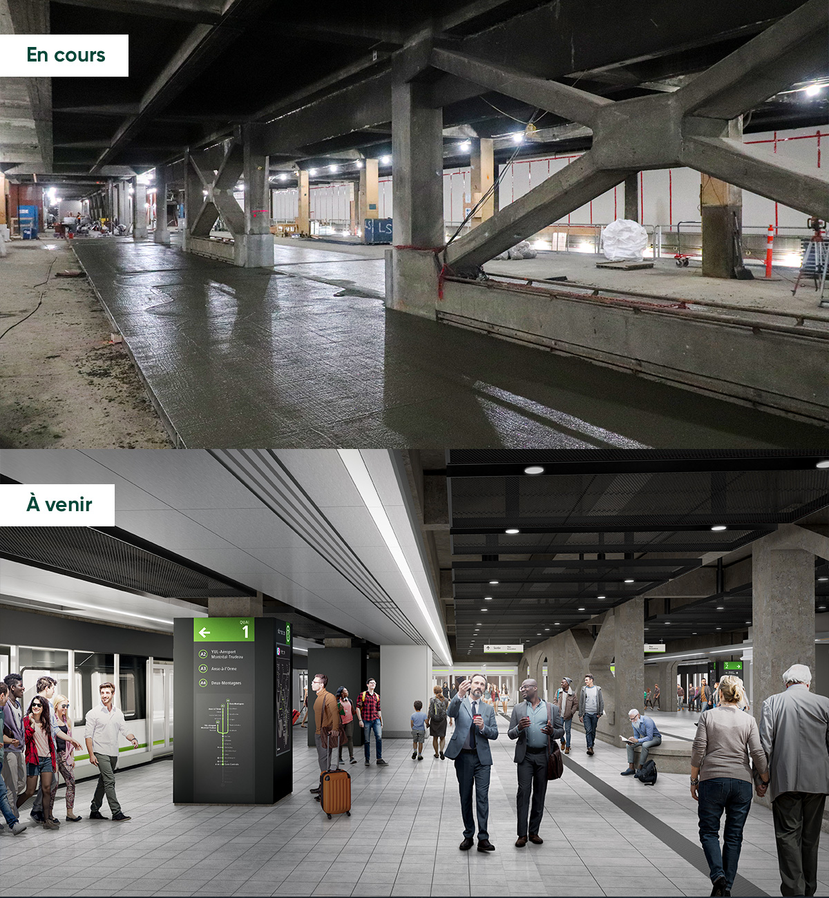 Vue sur le grand quai central finalisé, qui permettra d’accéder au REM dans les deux directions.  