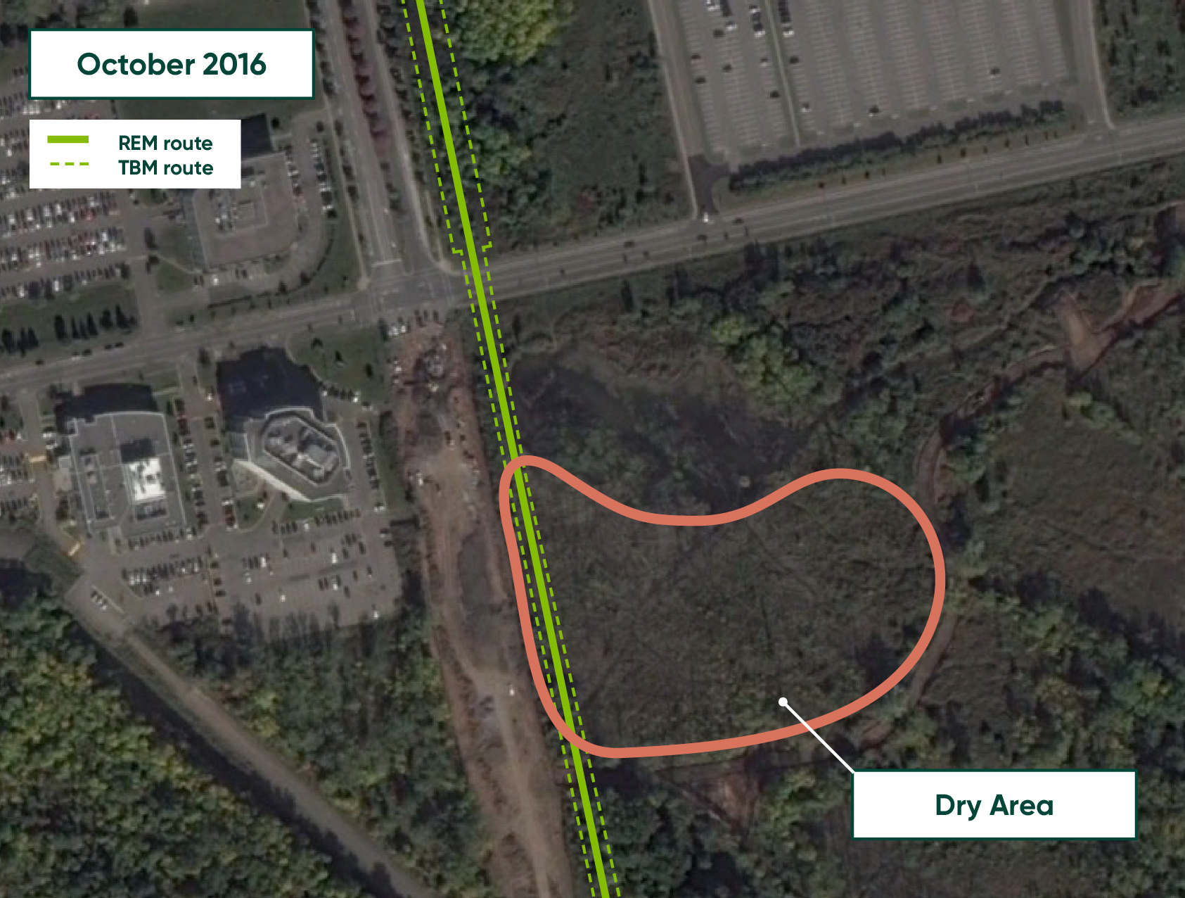 October 2016 - Image from Google Earth with the route of the tunnel boring machine