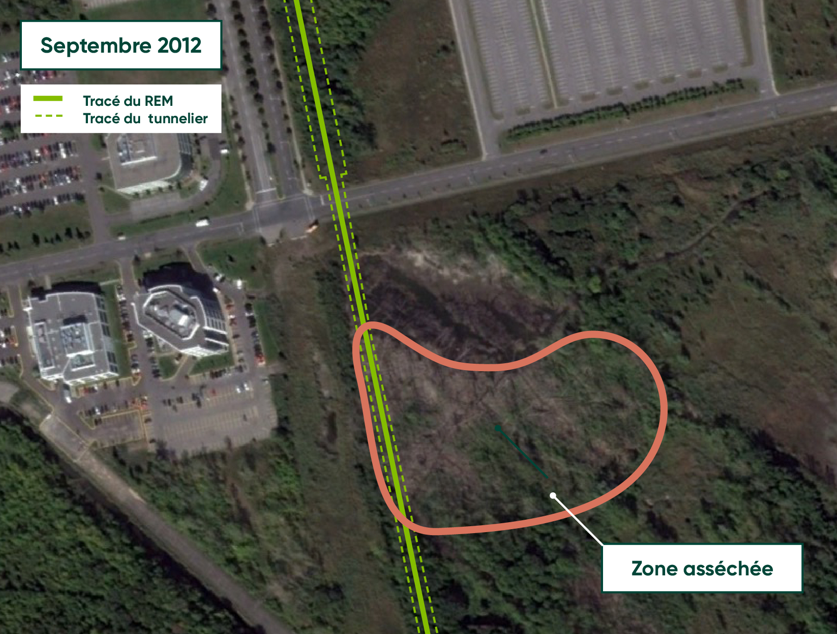 Septembre 2012 - Image tirée de Google Earth avec le tracé du tunnelier