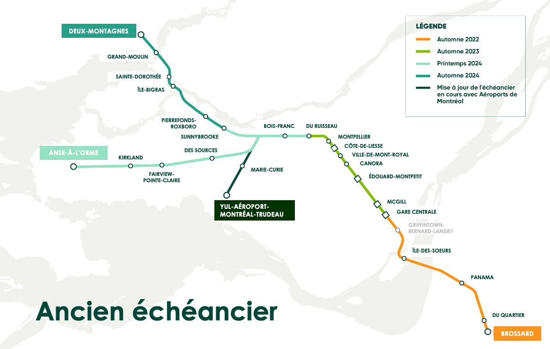 GIF de l’ancien échéancier (mis à jour en novembre 2020) et le nouvel échéancier des mises en service du REM.