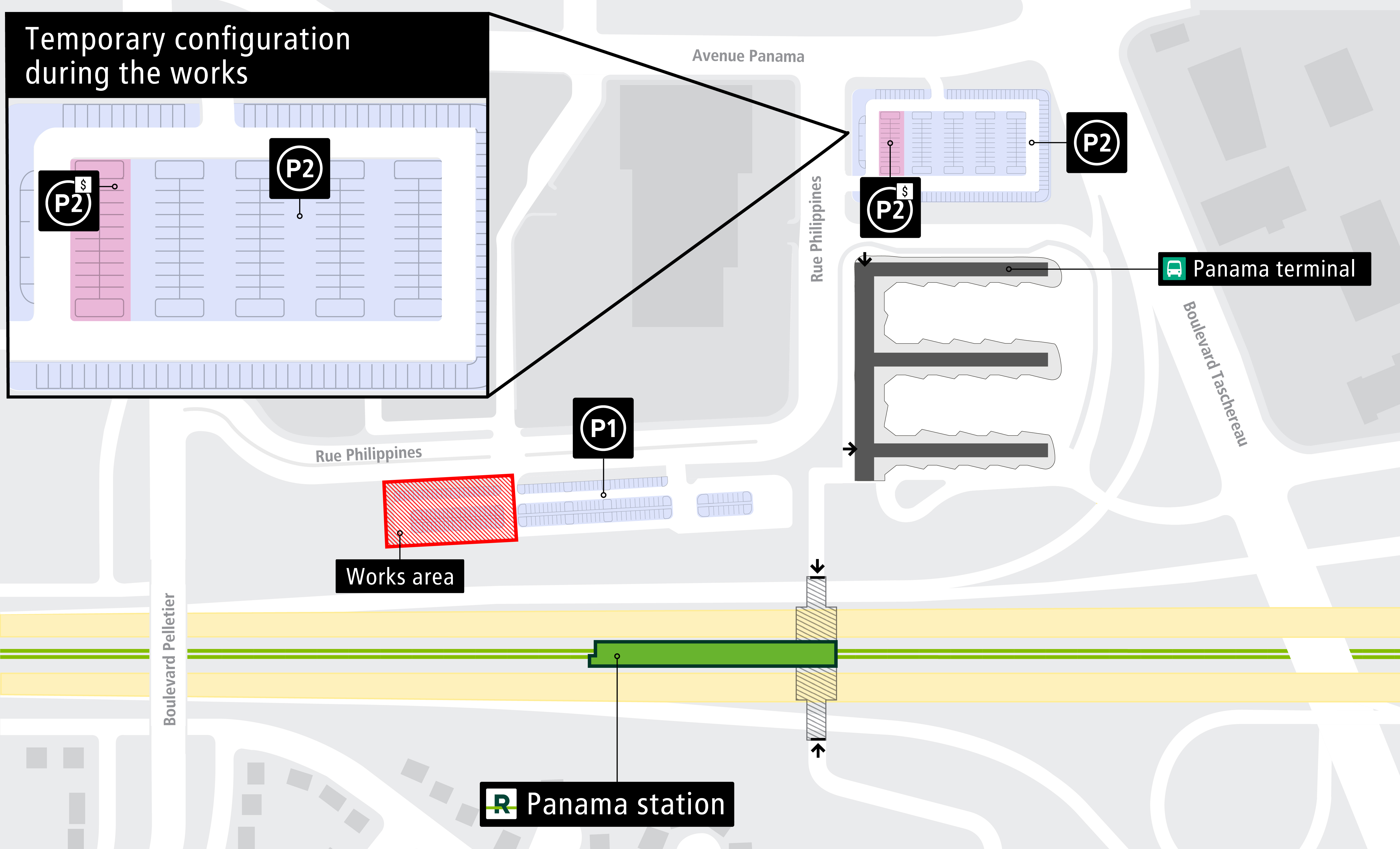 Map showing the temporary layout of Parking Lot P2