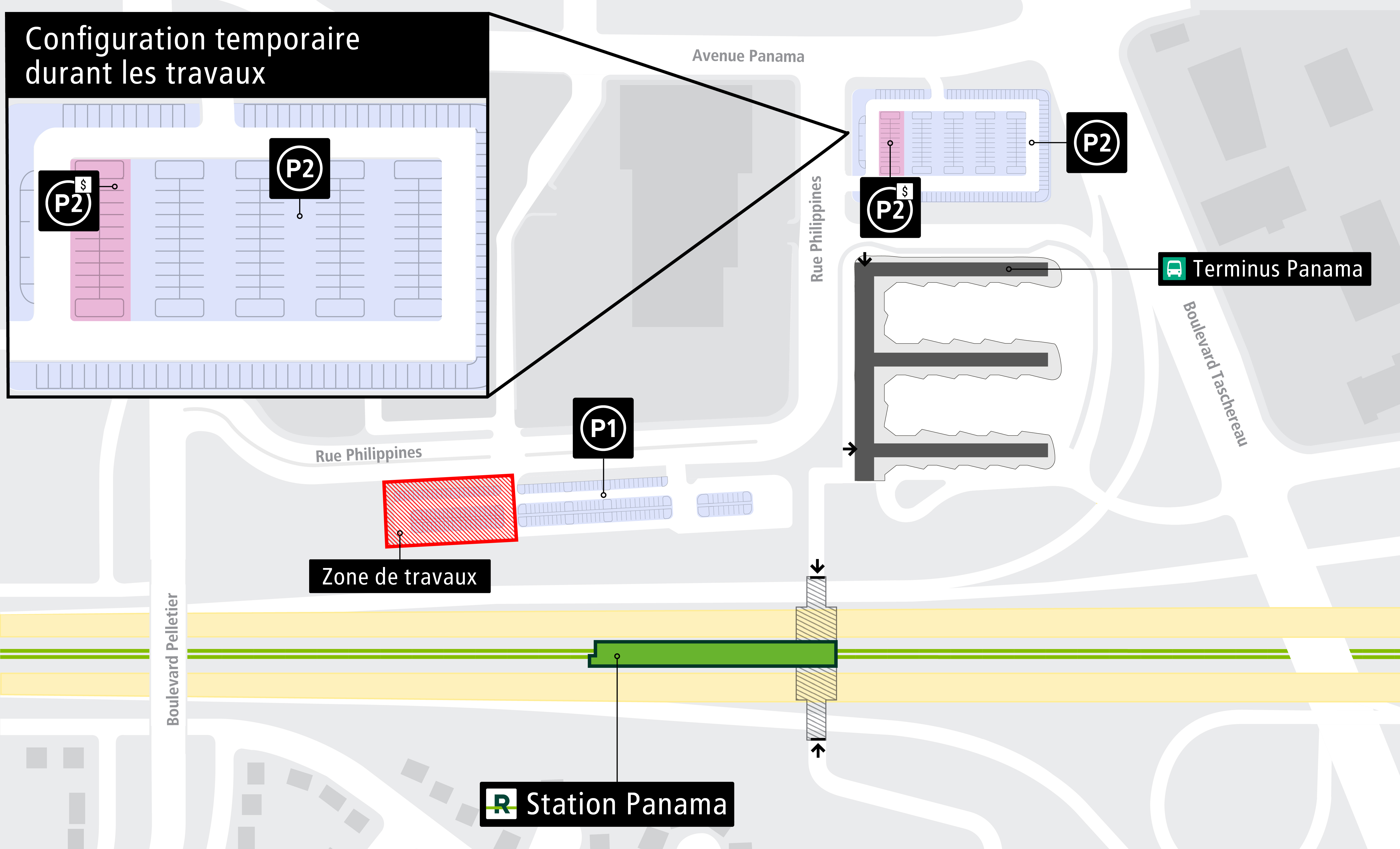 Carte illustrant la configuration temporaire du stationnement P2