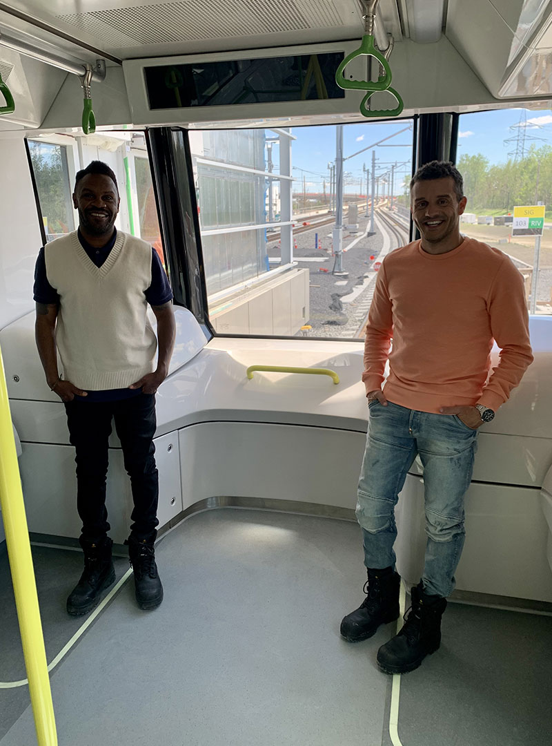 PY Lord and Patrice Bélanger aboard the REM during Sucré Salé! 📷 © Yasmine Zaki 