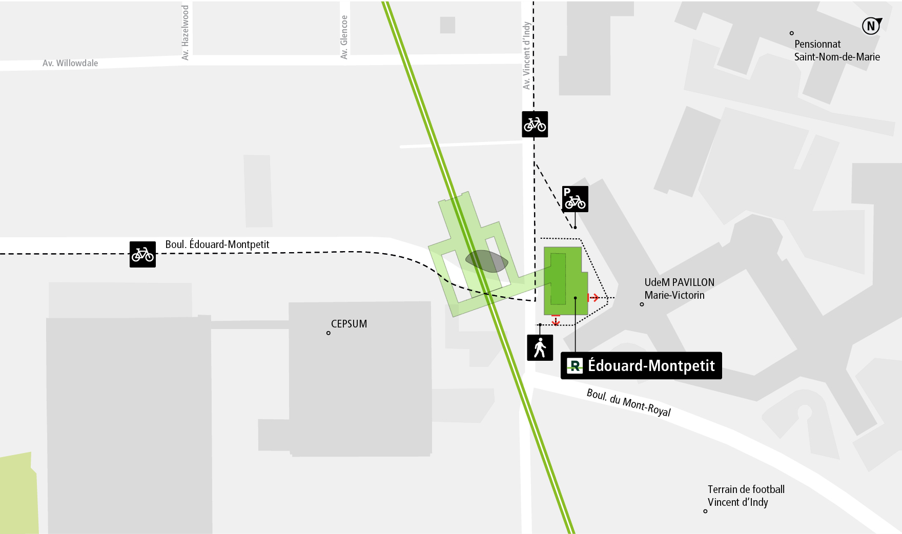 Édouard-Montpetit station access map by bicycle and on foot
