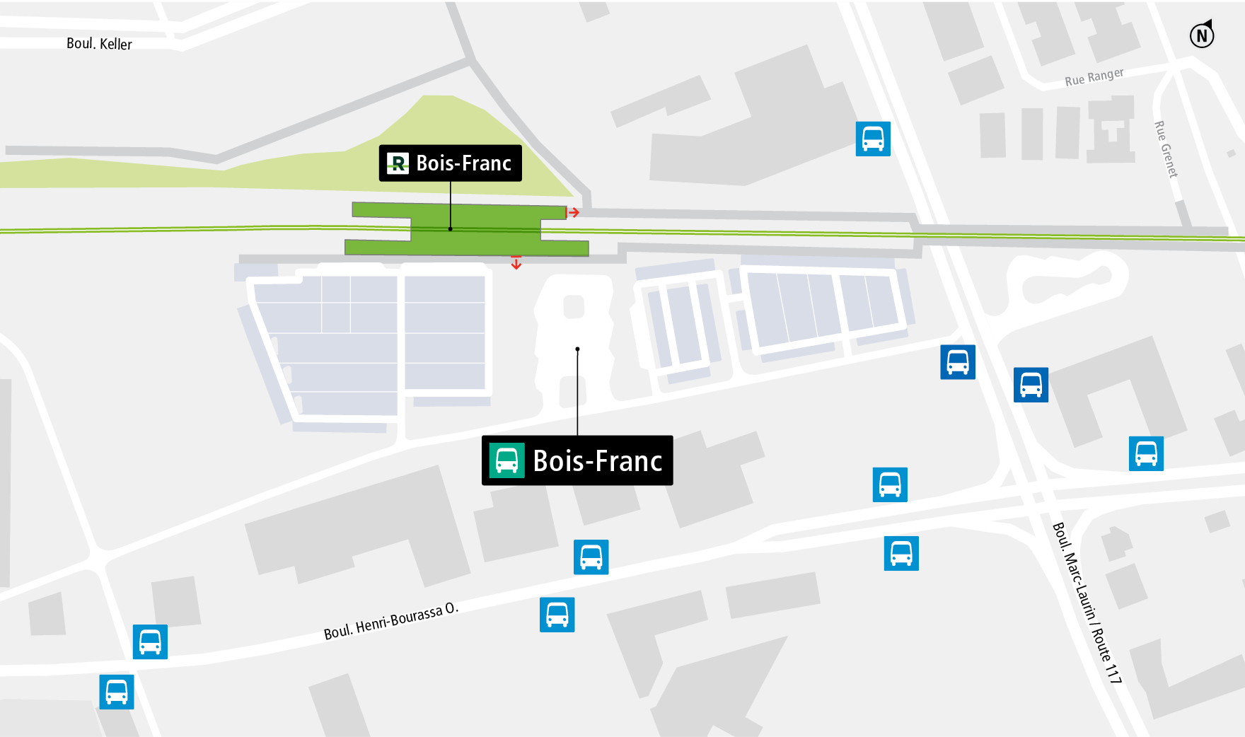 Bois-Franc station access map by public transit