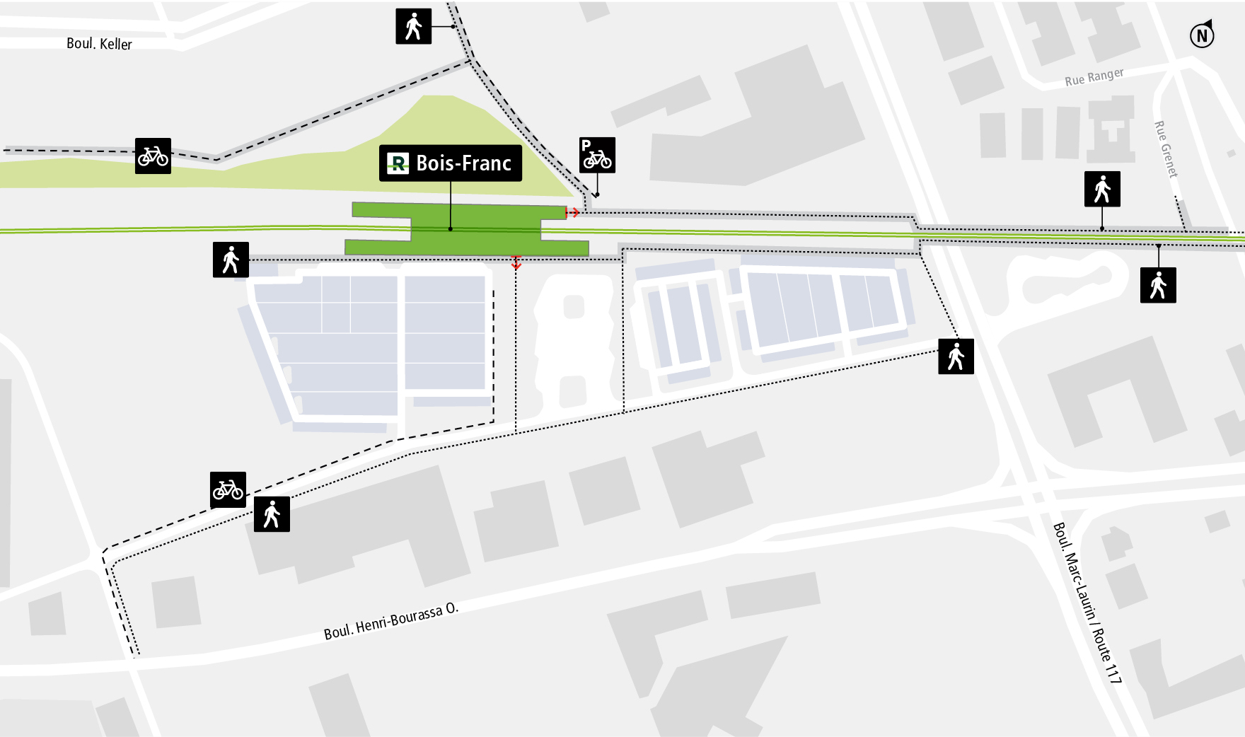Bois-Franc station access map by bicycle and on foot