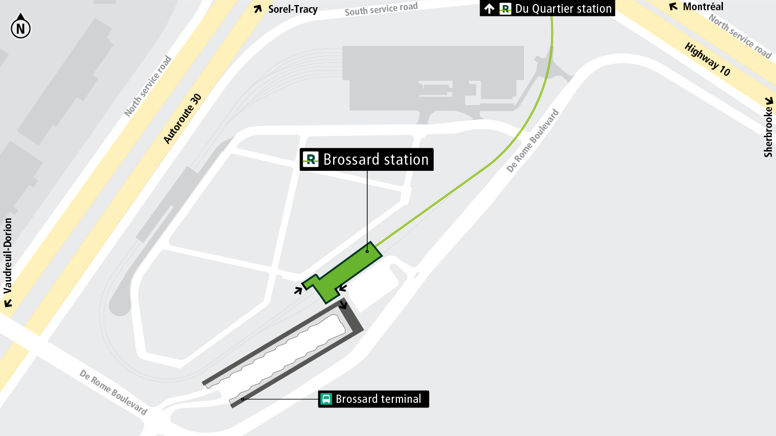Brossard station access map by public transit