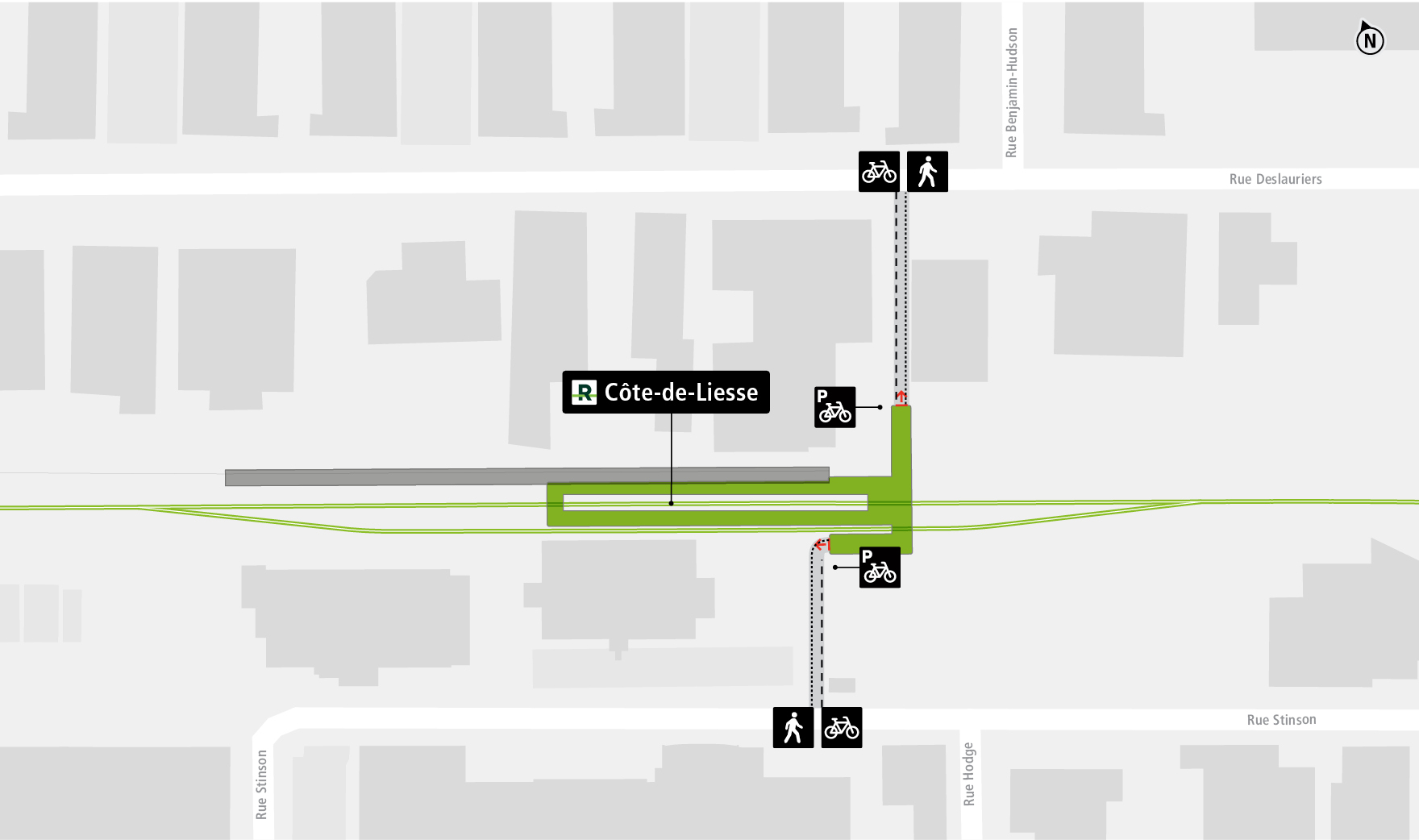Côte-de-Liesse station access map by bicycle and on foot