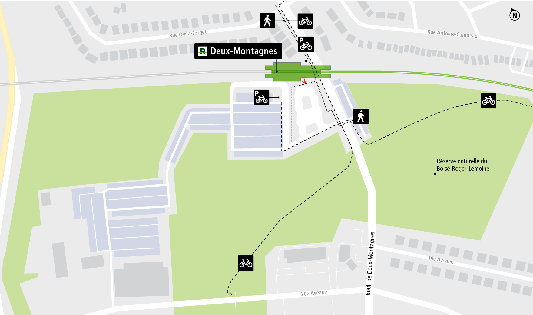 Deux-Montagnes station access map by bicycle and on foot
