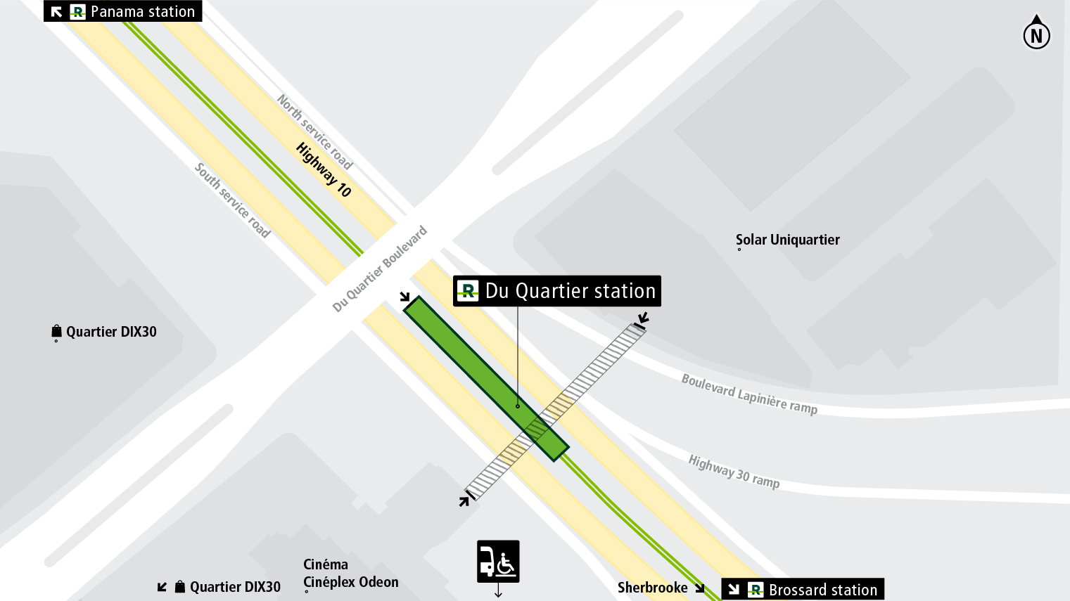 Du Quartier station access map by public transit