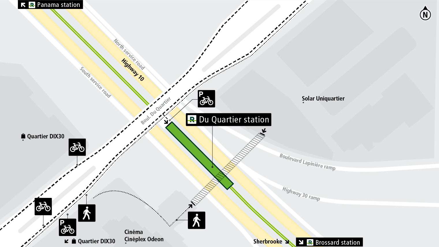 Du Quartier station access map by bicycle and on foot