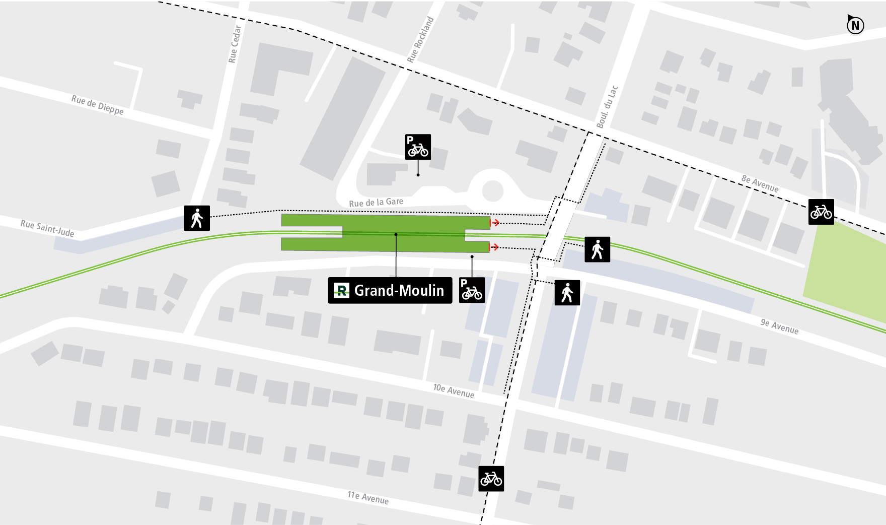 Grand-Moulin station access map by bicycle and on foot