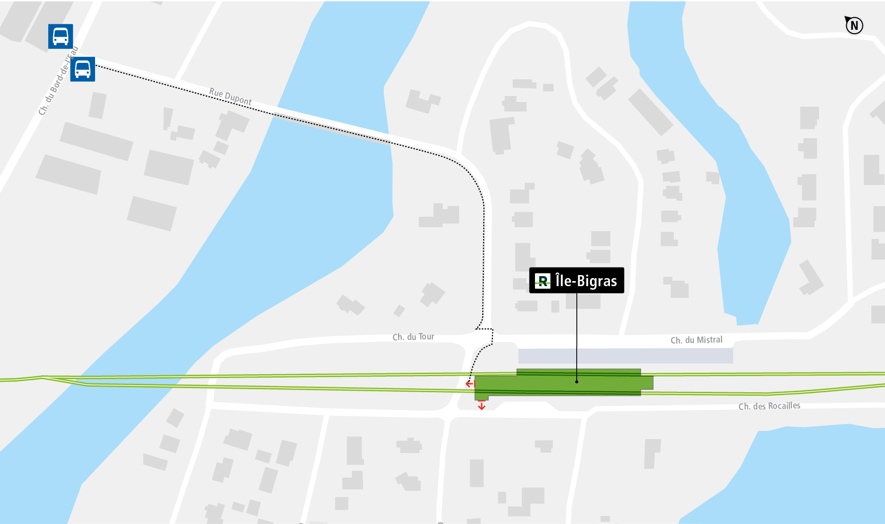 Île-Bigras station access map by public transit