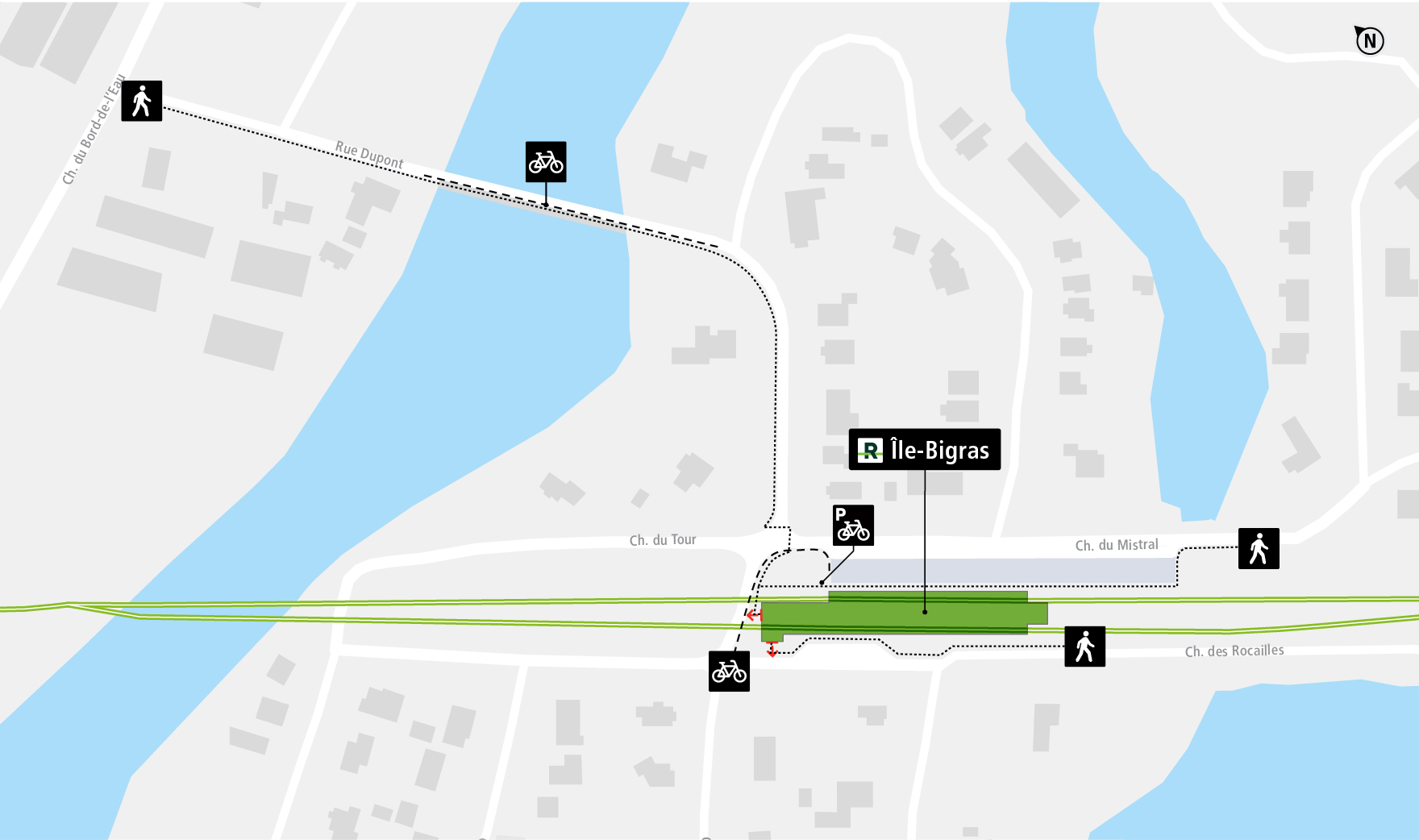 Île-Bigras station access map by bicycle and on foot