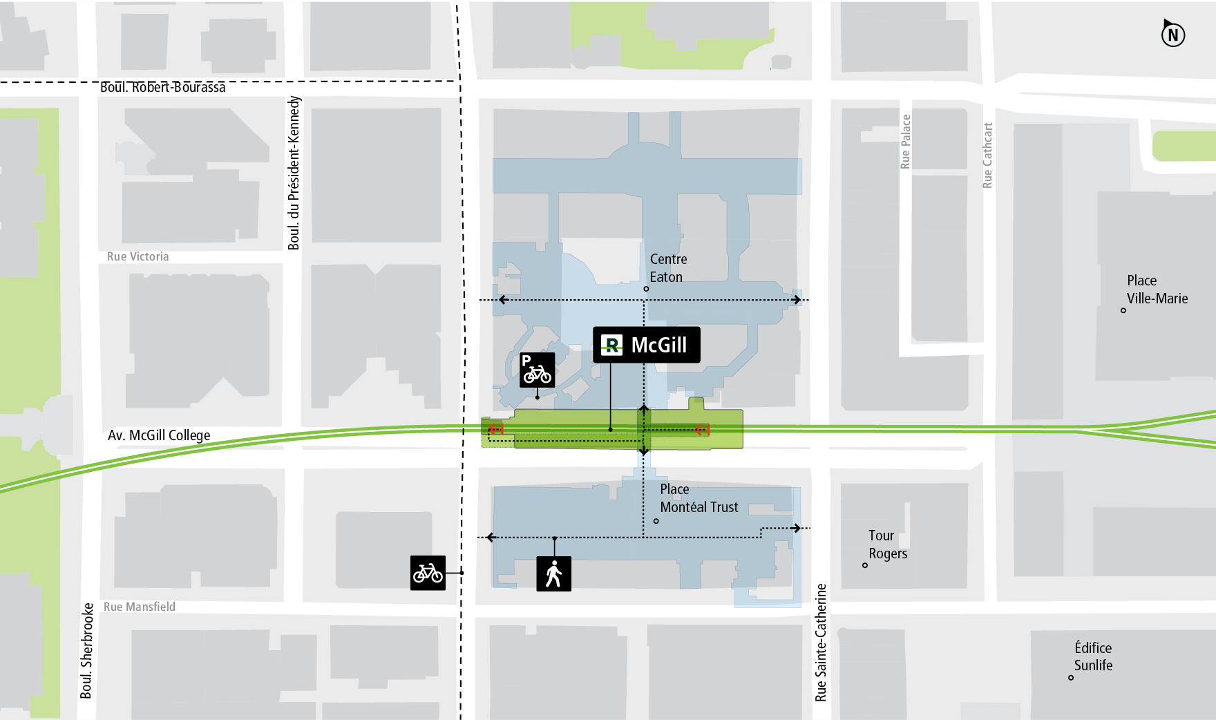 McGill station access map by bicycle and on foot
