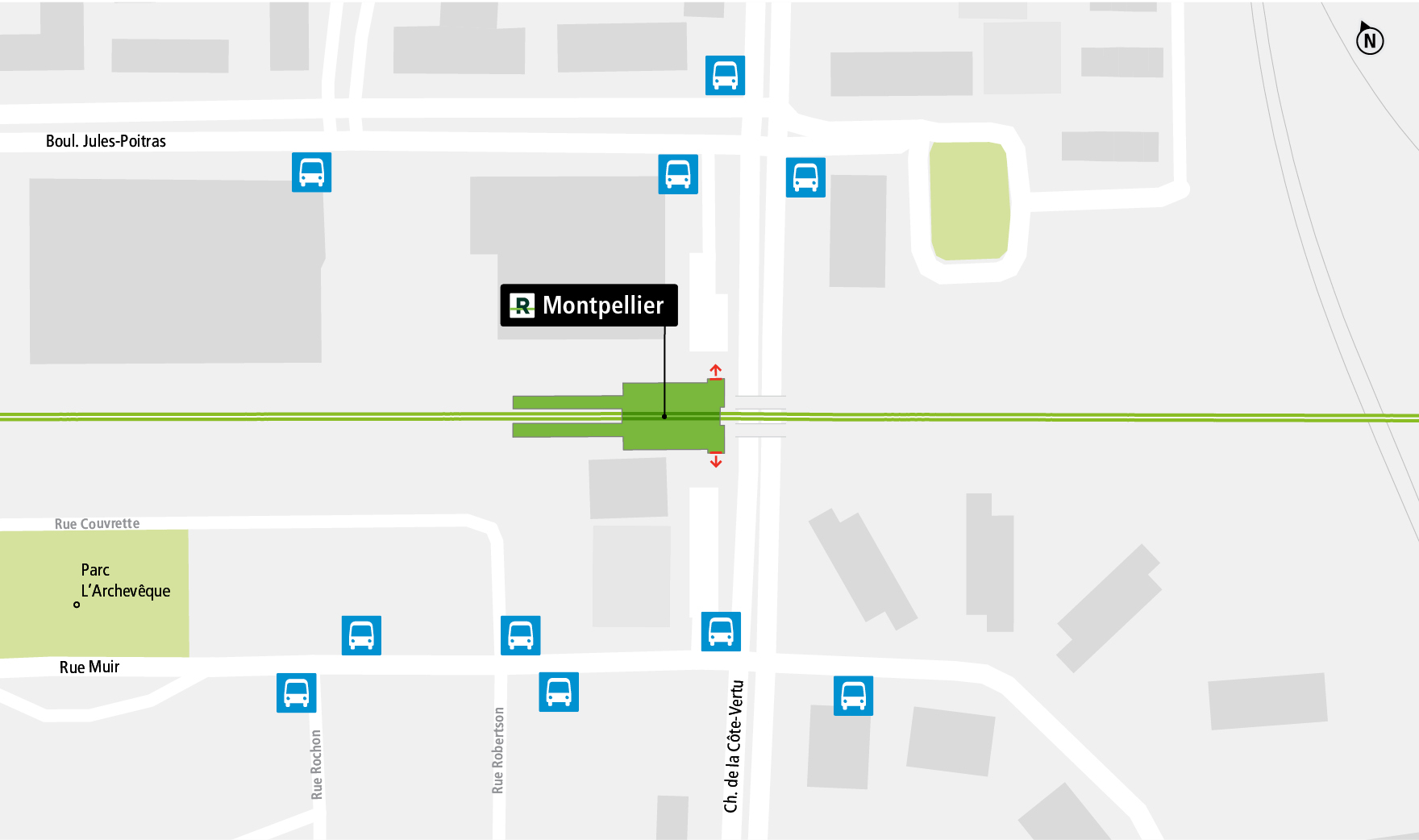 Montpellier station access map by public transit