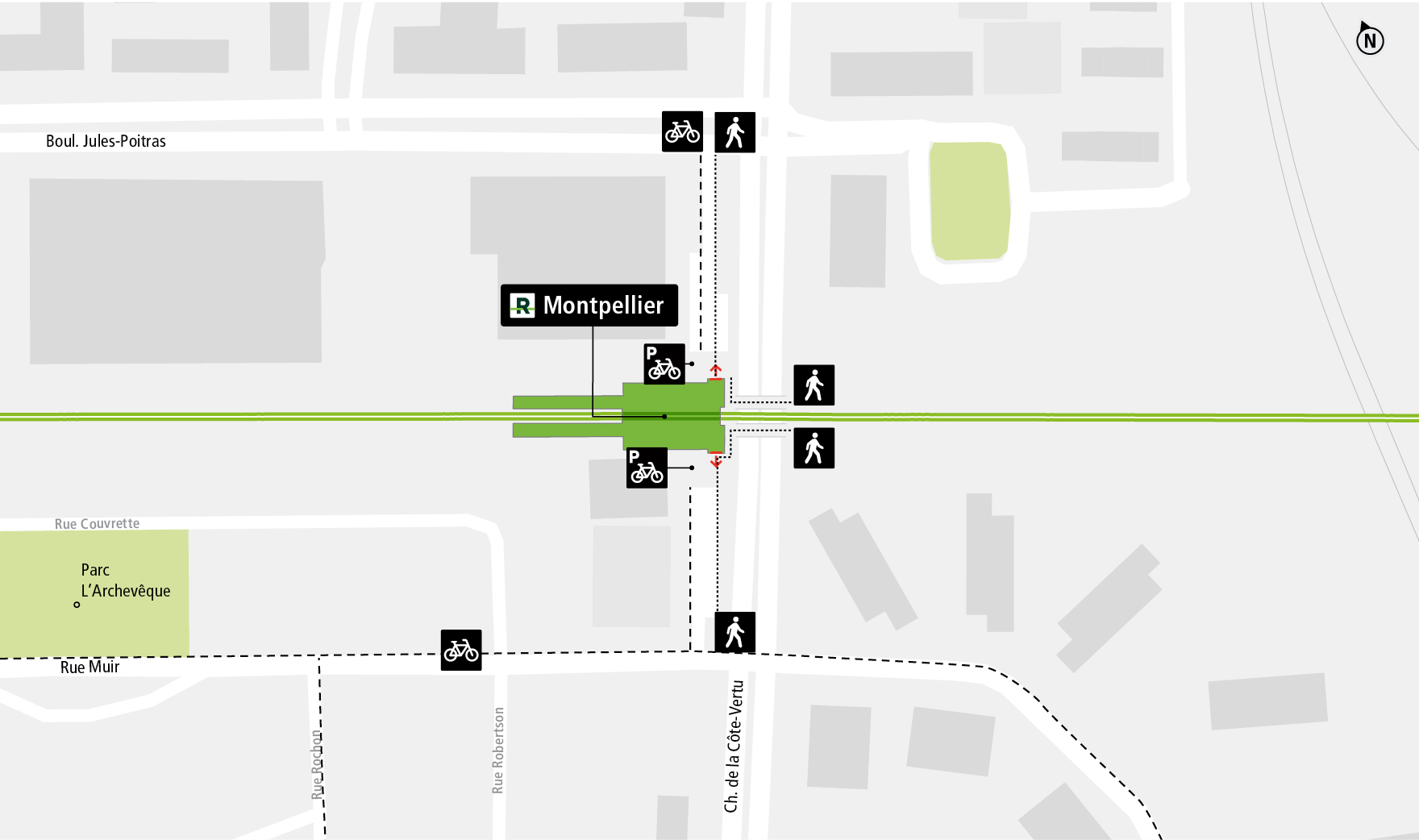 Montpellier station access map by bicycle and on foot