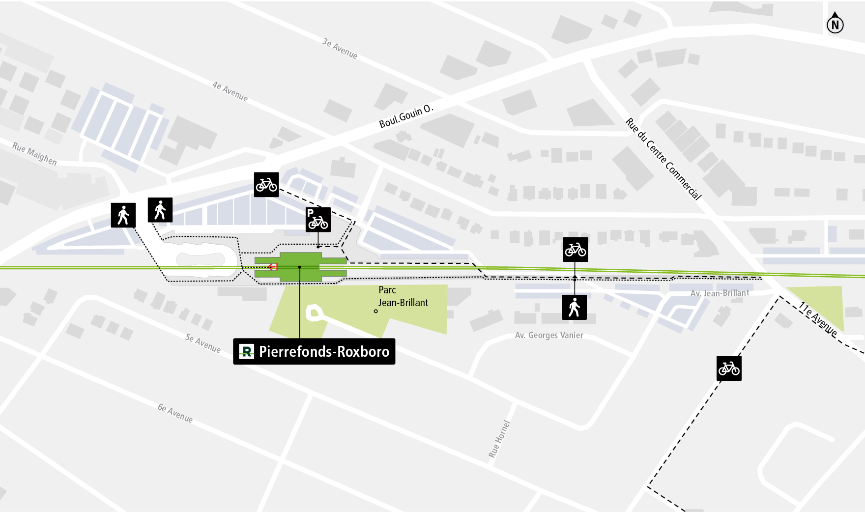 Pierrefonds-Roxboro station access map by bicycle and on foot