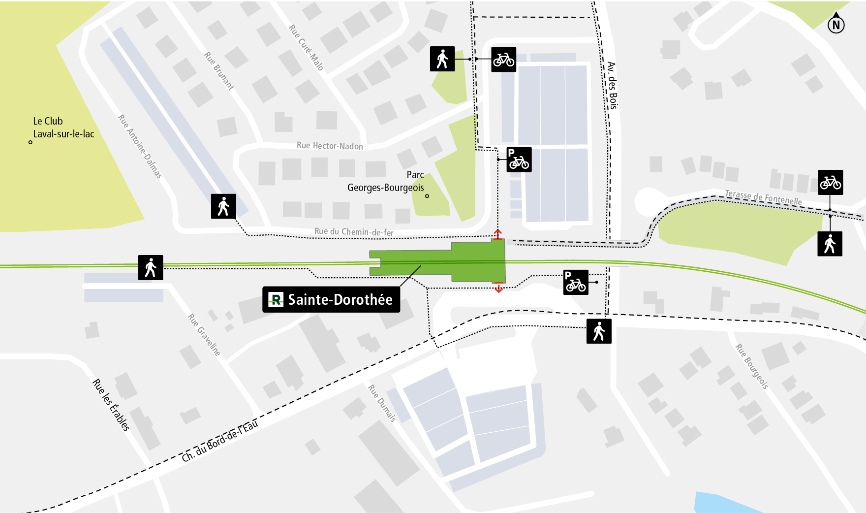 Sainte-Dorothée station access map by bicycle and on foot