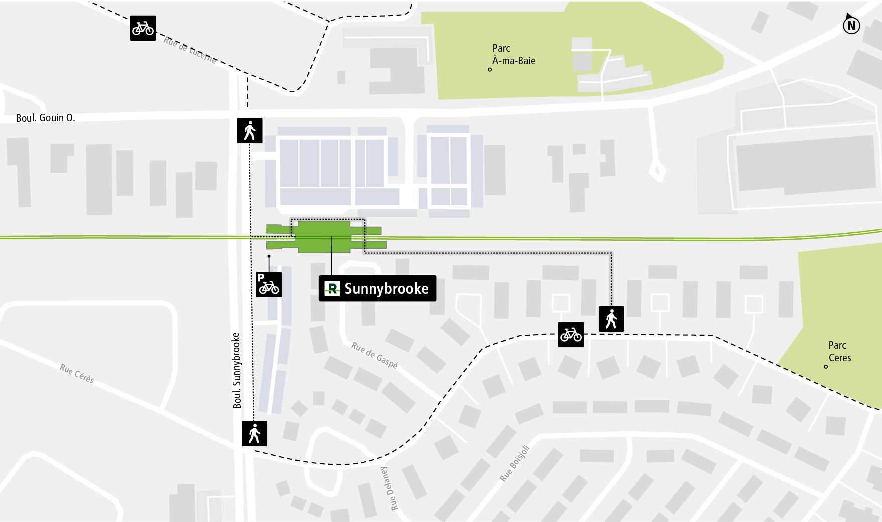 Sunnybrooke station access map by bicycle and on foot