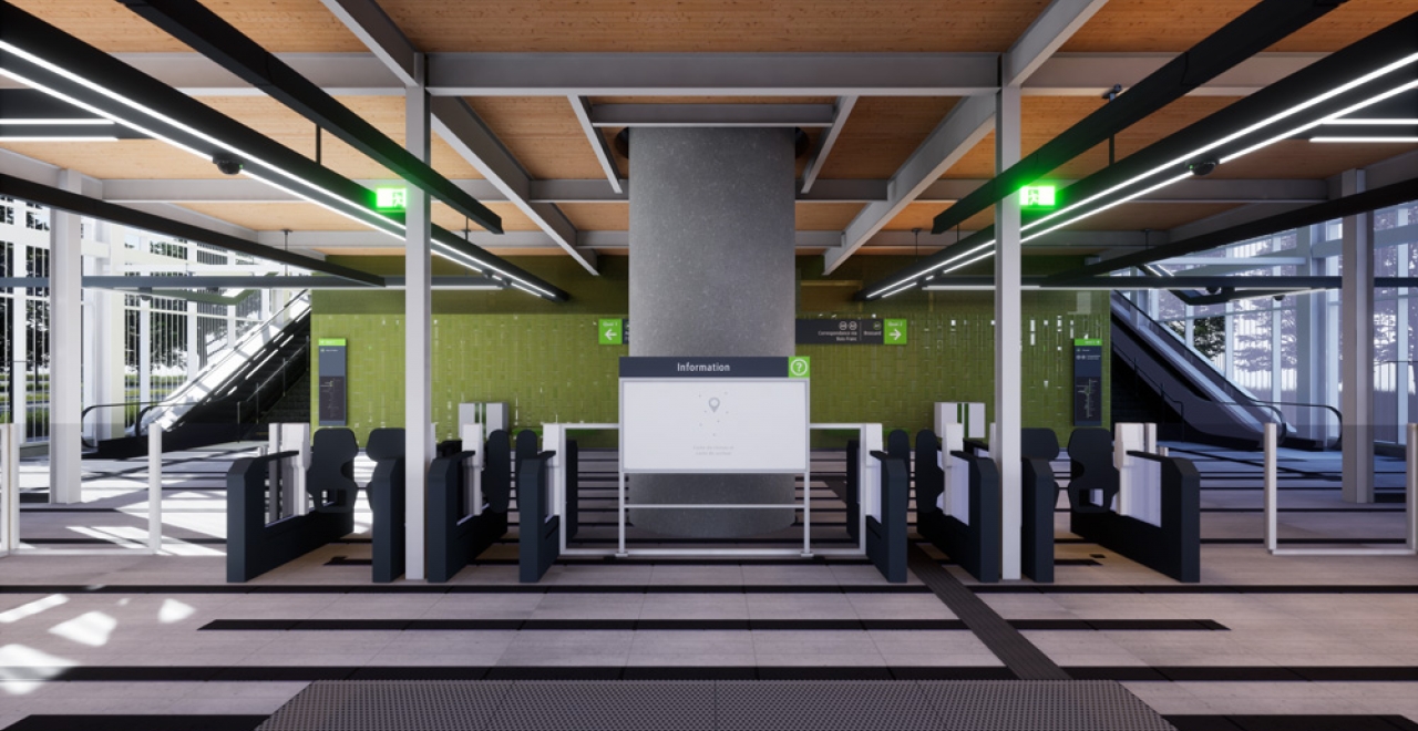 Dans l’Ouest-de-l’Île, les murs accents des stations seront habillés de céramique verte. Les motifs verticaux s’inspirent de la thématique forestière en reprenant la verticalité des troncs et de l’écorce. Avec cette couleur, les murs d’accent et les planchers de quais créeront une continuité visuelle menant naturellement le passager de l’entrée vers les circulations verticales.