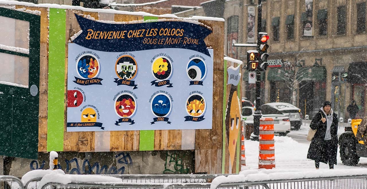 La fête de bienvenue de ce dernier est représentée au coin de Ste-Catherine et McGill College. 