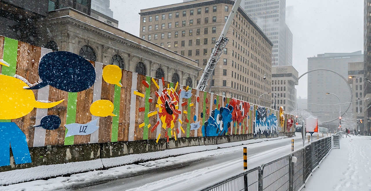 La fête de bienvenue de ce dernier est représentée au coin de Ste-Catherine et McGill College. 