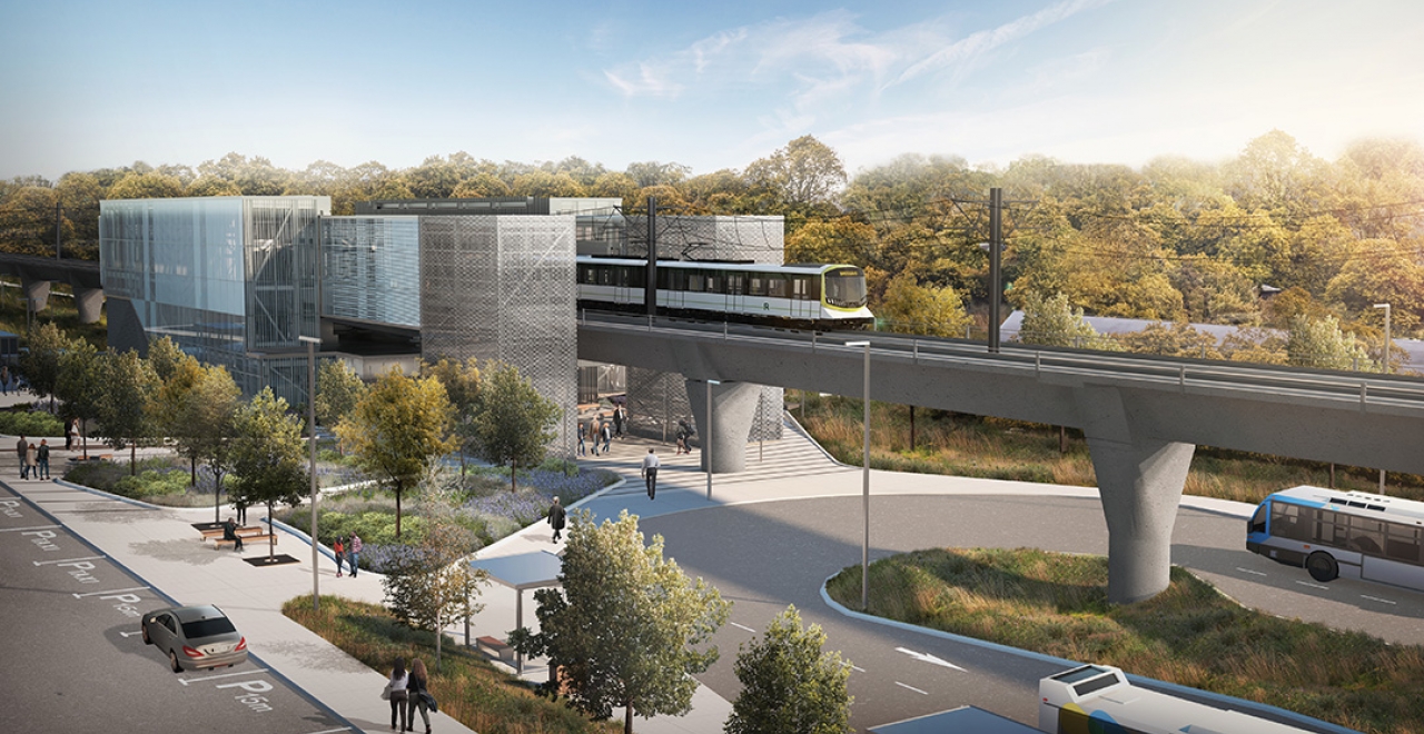 Pierrefonds-Roxboro Station. The Pierrefonds-Roxboro station will replace the current train station. It is an elevated station, with a large public square of 5,000 m² located to the north of the station, at the parking level and under the elevated structure. Image for indicative purposes only.