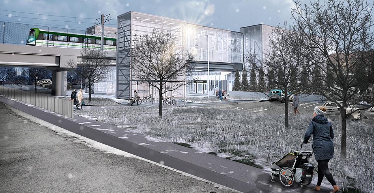 Sunnybrooke Station. The Sunnybrooke station will replace the existing train station of the same name. It is an elevated station, east of Sunnybrooke Boulevard and adjacent to a new overpass above the boulevard. The urban integration (entrance square and plantings) is designed to provide a convivial space in front of the station. Image for indicative purposes only. 