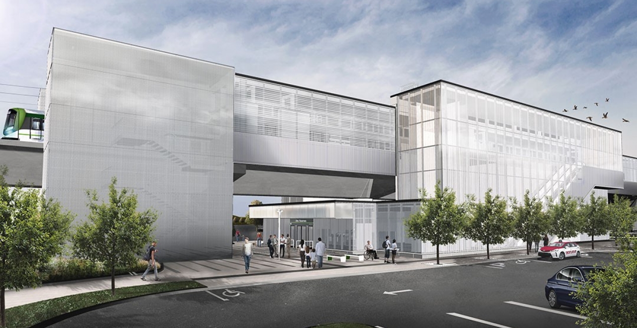 Des Sources Station. It is distinguished by a public square to the northeast of the station, which links Des Sources Boulevard to the station entrance. The pedestrian path will be made more pleasant through the presence of trees and vegetation. Image for indicative purposes only. 